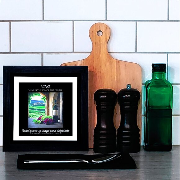 WALL ART -- VINO. 8X8 INCHES. A RAISED TILE IN A BLACK FRAME - Picture 2 of 3